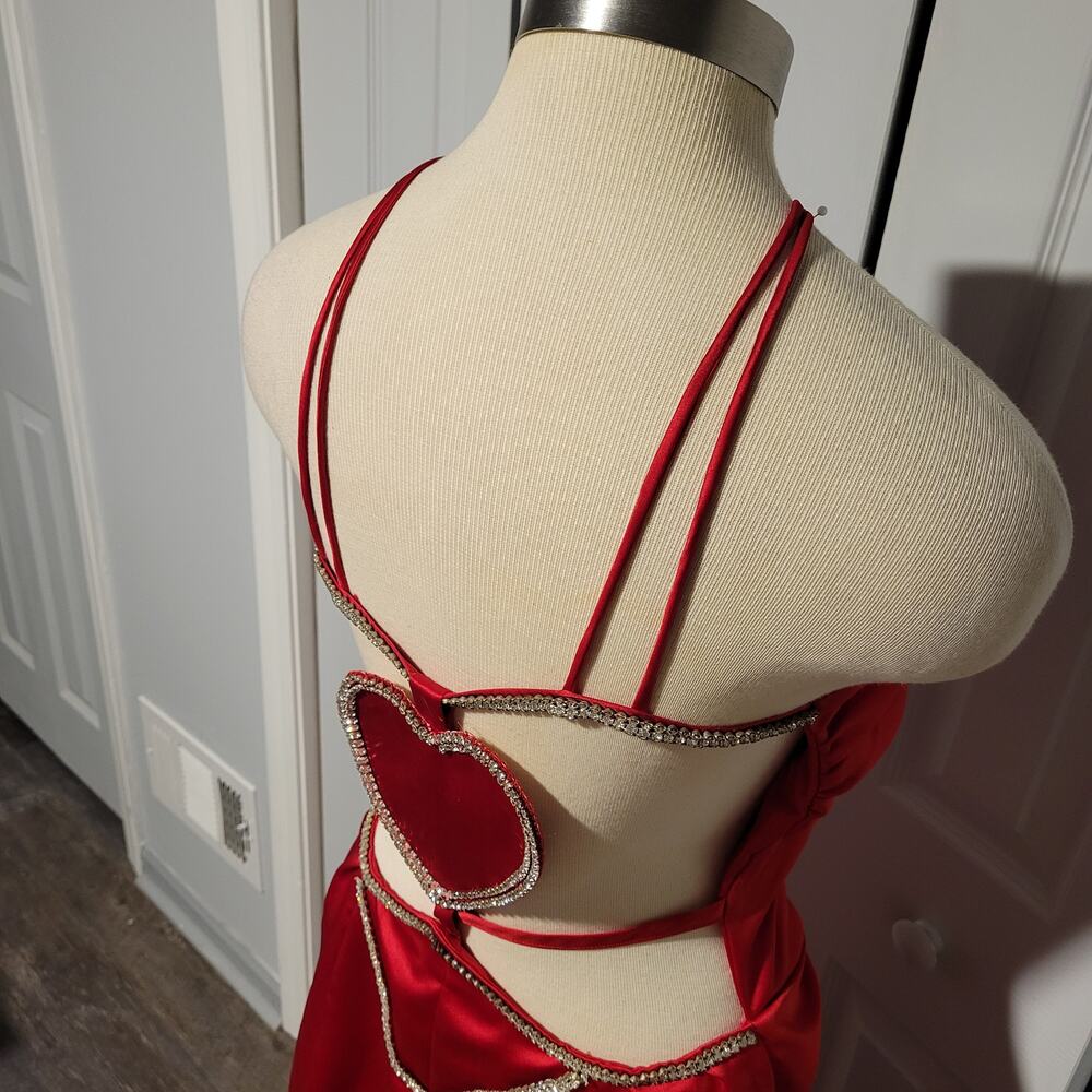Y2K Red Satin Gown Spaghetti Straps Ruched Cutout Slit Train Size 2-4 Handmade - Picture 5 of 14